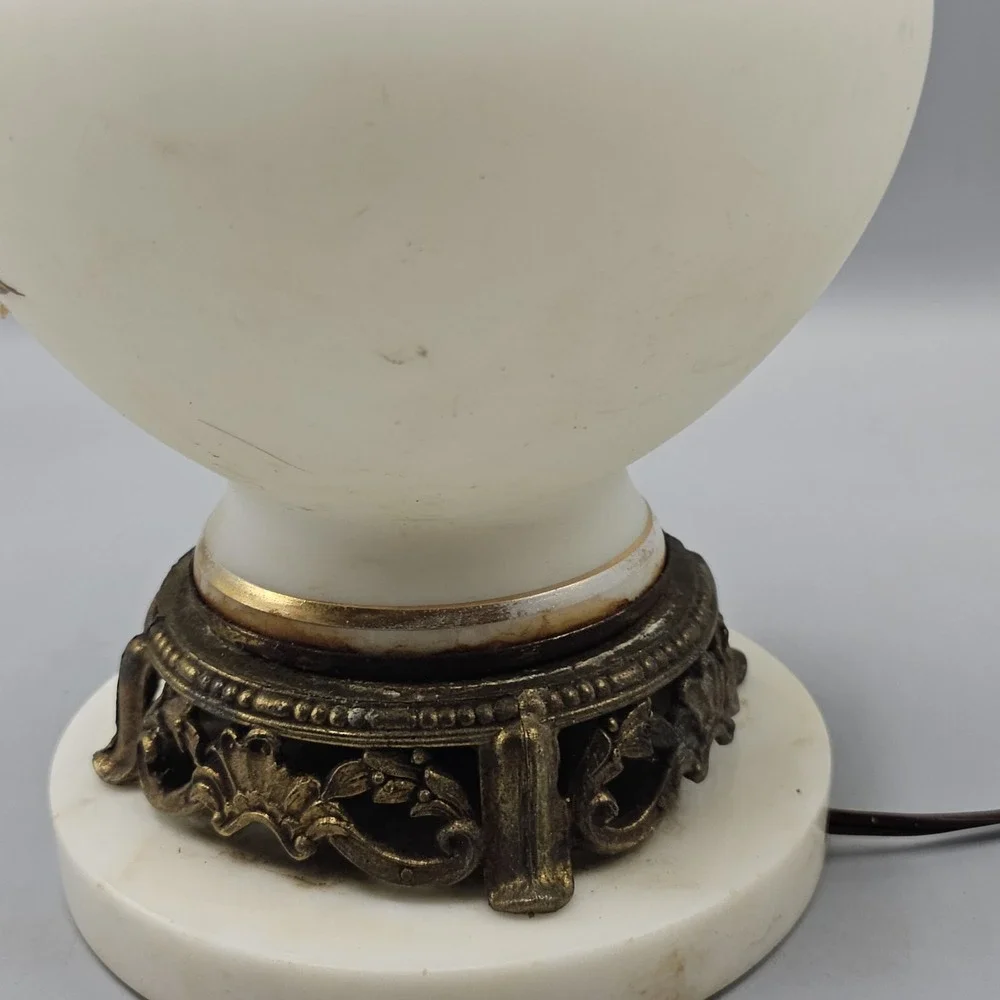 Vintage Gold Floral Milk Glass Table Lamp Marble Base 19